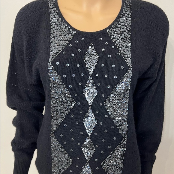L’eau Vive Womens Sweater Medium Black Angora Lambswool Padded Sequins Vintage - Picture 2 of 5